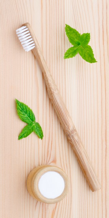 wood toothbrush and xylitol, soda, powder, salt, mint on wooden background