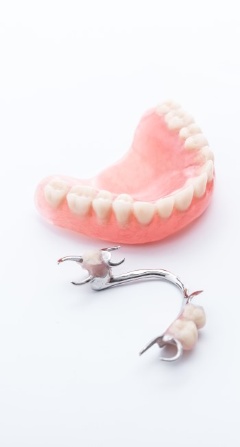 Set of dentures on white background
